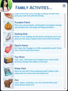 the family activities page is displayed on an iphone screen, with icons and text below it