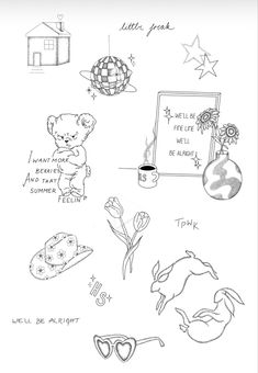 a drawing of various things that are in black and white, including a teddy bear