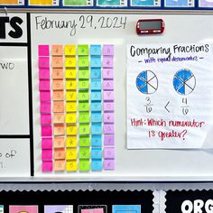 a bulletin board with numbers and fractions written on it in front of other magnets