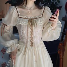 Size: L, Color: Apricot Dresses Victorian Era, Victorian Style Outfits, Night Gown Aesthetic, Victorian Outfits Women, 12th Century Dress, Victorian Inspired Dress, Chibi Artstyle, Victorian Era Aesthetic, Dresses Victorian