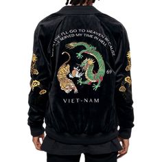 Entree Lifestyle Vietnam Velvet Embroidery Bomber Souvenir Vintage Jacket Just Restocked - XL Black Velvet Embroidery, Embroidery Tiger, Vietnam Map, Embroidered Dragon, Velvet Embroidery, Chinese Writing, Souvenir Jacket, Retro Jacket