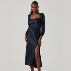 Navy Blue Size: Xs Never Worn Tags Removed To Prevent Return Women Trends Clothing, Outfit Inspiration Women, Revolve Dresses, Long Sleeve Dress Formal, Satin Long Sleeve, Astr The Label, Satin Midi Dress, Long Sleeve Midi Dress, Womens Midi Dresses