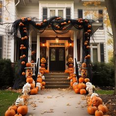 a house decorated for halloween with pumpkins and ghost heads