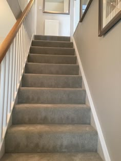 a staircase with carpeted steps and framed pictures on the wall