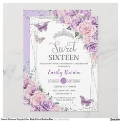 a purple and white floral birthday party card with butterflies on the front, pink roses in the