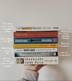 a person holding a stack of books in front of a whiteboard with words on it