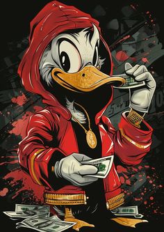 a cartoon duck wearing a red hoodie and holding money