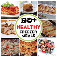 the top 50 healthy freezer meals are shown in this collage with text overlay