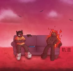 two people sitting on a couch in front of a pink sky with birds flying overhead