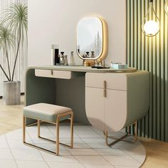 a dressing table with a mirror and stool in a living room next to a potted plant