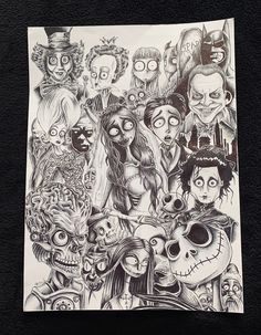 a piece of paper that has some drawings on it with people and skulls in the background