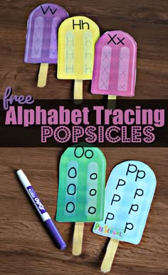 three popsicles with the words free alphabet racing on them