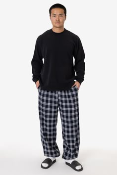 An updated take on the classic flannel pajama pant. These lounge pants feature an oversized fit with elasticated ankle cuffs for a clean finish that can be worn in and out of the bedroom. This unisex style features 2 side pockets, 1 back pocket and an adjustable drawcord waist. Made in Los Angeles, Calif. Our experienced sewers earn up to $25 an hour and no less than $16; additionally workers have healthcare benefits for less than $15 per week, a 401k plan, paid sick days, subsidized bus passes Men’s Pjs, Pajama Outfit Men, Grunge Pajamas, Pjs Men, Pajama Set Men, Pajama Pants Men, Pajama Pants Outfit, Sleeping Clothes