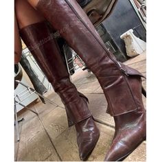 Wine Red Zipper Design Pointed Toe Knee High Boots Stiletto High Heel Fashion Sexy Summer Women Vintage Prada Boots, Brown Shoes Aesthetic, Prada Boots, Mode Shoes, Dr Shoes, Fancy Shoes, Girly Shoes, Shoe Inspo, Aesthetic Shoes