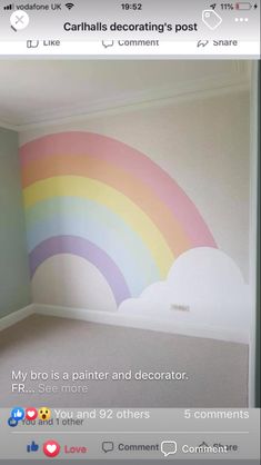 a room with a rainbow painted on the wall and some words below it that read, my brother is a painter and decorator fr