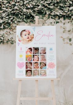 an easel with a baby's first year photo on it