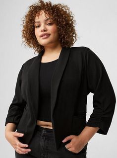 FIT Model is 5'10” wearing size 1. . Measures 25” from shoulder (size 2). Cropped fit. . MATERIALS + CARE Textured crepe knit fabric. . Machine wash cold. Line dry. . Imported. . DETAILS Shawl collared neckline. . Long sleeves. . The best plus size women's textured crepe shawl collar blazer blazers in deep black made of studiocrepe. These dressy clothes and work-wear, office-wear, career-wear, and business-wear will make you look professional to nail your job interview and wear to work every day Black Beachwear, Kimono Shrug, Shawl Collar Blazer, Sheer Shorts, Summer Lookbook, Career Wear, Black Wedding Dresses, Wear To Work, Sweaters And Jeans