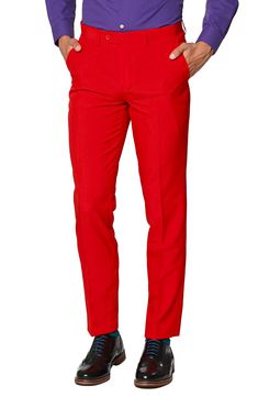 This red-hot suit features a slim, two-button jacket, crisply creased flat-front trousers and a matching tie to create a formal look that's perfect for a handsome devil like you. Jacket has a two-button closure, notch lapels; nonfunctional four-button cuffs; chest pocket; front flap pockets; side vents. Trousers have a zip fly with button-tab closure; front slant pockets; back welt pockets. Fully lined. 100% polyester. Dry clean or machine wash cold, dry flat. By OppoSuits; imported. The Rail. Red Spring Formal Pantsuit, Red Slim Fit Suits For Formal Occasions, Red Slim Fit Formal Suits, Red Fitted Formal Suits, Red Slim Fit Suits With Notch Lapel, Classic Tailored Red Pants, Classic Fitted Red Bottoms, Tailored Classic Red Pants, Classic Tailored Red Bottoms