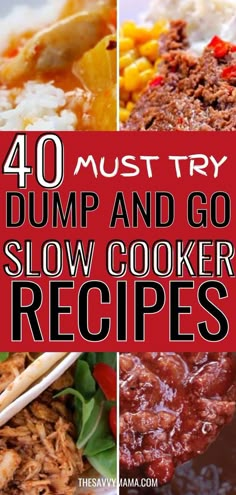 the words 40 must try dump and go slow cooker recipes on top of pictures