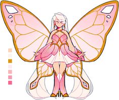 a drawing of a woman in a pink dress with butterfly wings on her chest and legs