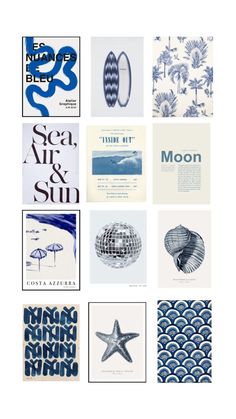 an assortment of blue and white posters with different shapes, sizes and designs on them