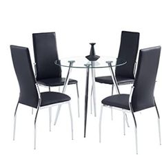 a glass dining table with four chairs and a vase on the top, against a white background