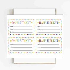 raffle ticket card with rainbow stripes and stars on the front, in white paper