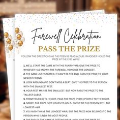 Printable Farewell Party Games Pass the Prize, Pass the Gift WHAT YOU GET Printable Farewell Party Games in both 5 × 7" Size and 8.5 x 11" (2 per page) HOW IT WORKS: After purchase, you will receive a download link where you will access your PDF files in 8.5 × 11 and 5 x 7 inches (printed as 2 games on an 8.5 by 11 Inch paper or A4) inches size that you can print at home or at the printing shop. You will also receive an email from Etsy with your download(s) or feel free to log in to your account Farewell Party Games Activities, Farewell Games Ideas, Farewell Party Games, Farewell Celebration, Event Games, Farewell Party, Farewell Parties, Game Prices, Farewell Gifts