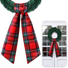 a red and green plaid christmas bow with a wreath next to it