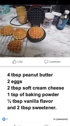 some waffles are sitting on top of a counter next to other food items