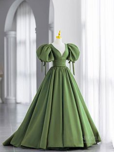 Princess Dresses Simple, Pistachio Color Dress, Vintage Inspired Prom Dresses, Prom Dress Back Design, Satin Prom Dress With Sleeves, Puffy Long Dress, Satin Dress Ideas, Puff Sleeve Prom Dress, Prom Dress Satin