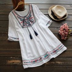 Buy YOYO Short-Sleeve Tie-Neck Embroidered Long Top at YesStyle.com! Quality products at remarkable prices. FREE WORLDWIDE SHIPPING on orders over US$ 35. Casual Blouse Shirts, Boho Embroidery, Plus Size Boho, Estilo Hippie, Embroidered Tunic Top, Mode Boho, Ethnic Dress, Collars For Women, Embroidery Blouse