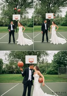 a bride and groom playing basketball on their wedding day