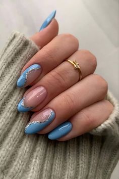 Blue Nail Art, Blue Nail Designs, Round Nails, Silver Nails, Chic Nails, Purple Nails, Cute Acrylic Nails