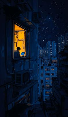 a man sitting in an open window looking out at the night sky and stars above