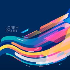 an abstract background with colorful lines and shapes in the form of waves on a dark blue background