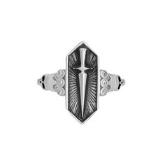 Daggers symbolize protection, sacrifice and bravery. This unique ring depicts a dagger with gleaming rays behind it, visible through translucent gray enamel. Two crowned skulls sit on each side, topped with sparkling stones. Knight Ring, Zodiac Jewelry, Celestial Jewelry, Charm Rings, Unique Ring, Fine Jewelry Collection, Dream Jewelry, Unique Rings, Ring Necklace