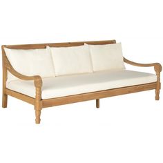 a wooden couch with white pillows on it