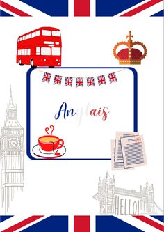 the british flag with an image of a bus and a cup of coffee on it