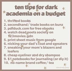 the ten tips for dark acadenia on a budget list with text overlay