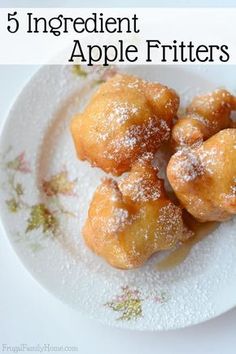 three apple fritters on a white plate with powdered sugar and the words, 3 ingredient apple fritters