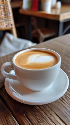 a cappuccino sits on a saucer on a wooden table