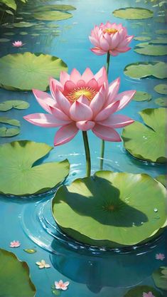 two pink water lilies floating on top of lily pads