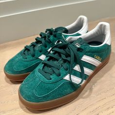 Adidas Indoor Gazelle Green Never Worn Size 6.5 Fits A Normal Size 7 (Men’s 5.5) Gazelle Adidas Women, Adidas Lace-up Sneakers With Leather Sole, Adidas Leather Sole Lace-up Sneakers, Womens Trendy Shoes, Green Gazelle Outfit, Indoor Gazelle, Green Adidas Gazelle, Adidas Gazelle Green, Green Gazelle