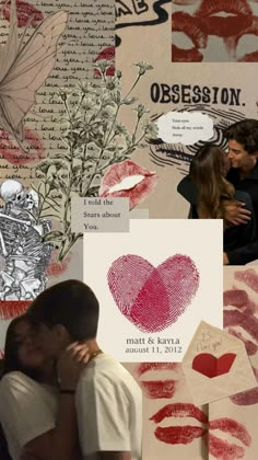 two people are kissing in front of a wall covered with images and words that say love