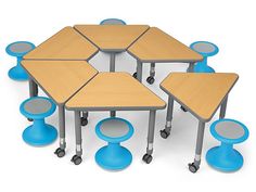 a group of tables and chairs with wheels on each side, arranged in the shape of hexagonals