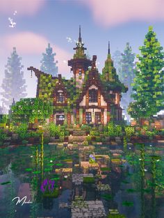 Hillside Castle Minecraft, Minecraft House Moss Roof, Fairy House In Minecraft, Cottage Minecraft Idea Houses, Dark Forest Minecraft House, Mc Fairy House, Witchy Cottage Minecraft, Mine House Minecraft, Minecraft Houses Cottagecore Tutorial