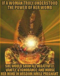 a woman sitting on top of a chair holding a light ball in her hands with the caption if a woman truly understands the power of her womb