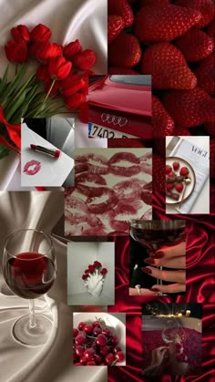 a collage of photos with red flowers and strawberries on them, wine glass in the foreground