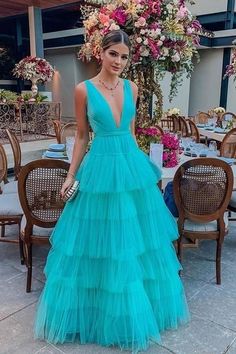 Deep V-neckline Tulle Prom Dress Tiered Skirt Long Party Gowns sold by NarsBridal on Storenvy Long Party Gowns, Afrikaanse Mode, Dress Idea, Dress Cake, A Line Prom Dresses, Skirt Long, Tulle Prom Dress, Party Gowns, Chiffon Lace